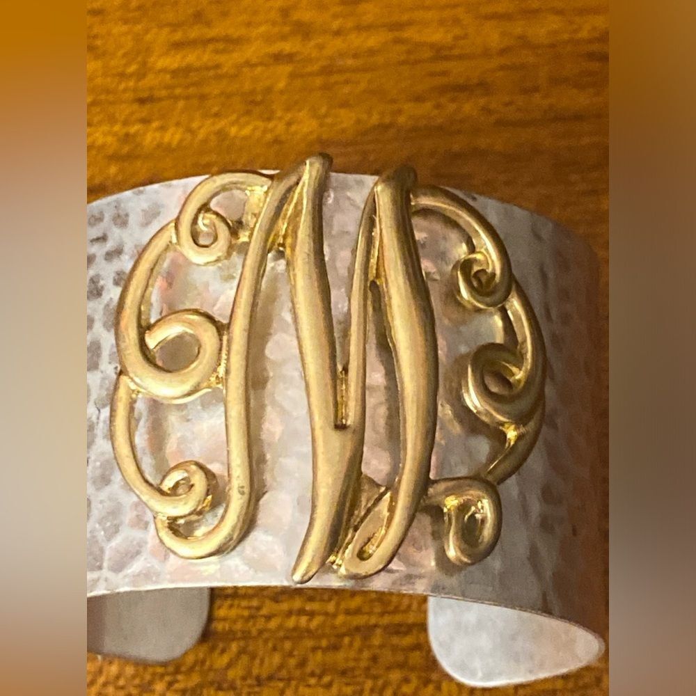 Gypsy Jewels Wide 2 Tone Hammered Boutique Look Monogram Initial Cuff Bracelet - Picture 6 of 10